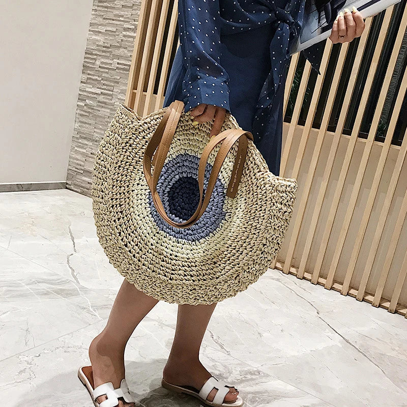Large Capacity Round Straw Woven Shoulder Handmade Travel Tote Bags