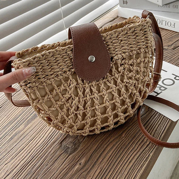 Straw Semicircle Cross Handmade Travel Bag