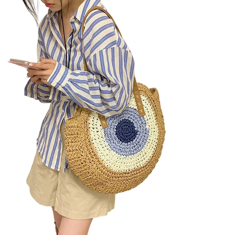 Large Capacity Round Straw Woven Shoulder Handmade Travel Tote Bags