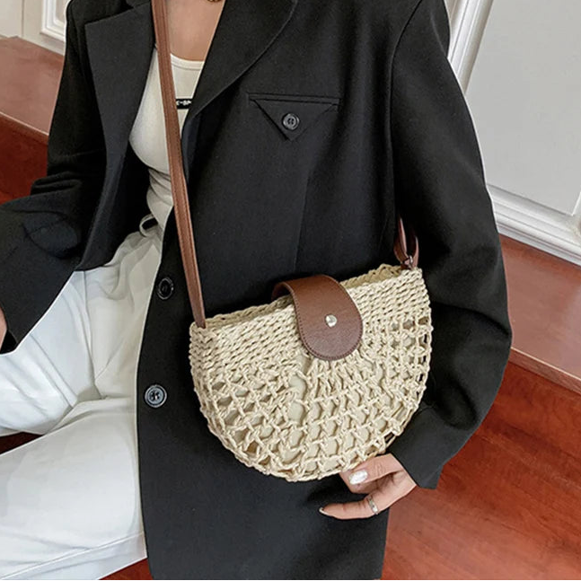 Straw Semicircle Cross Handmade Travel Bag