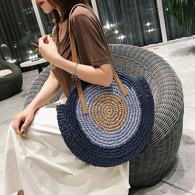 Large Capacity Round Straw Woven Shoulder Handmade Travel Tote Bags
