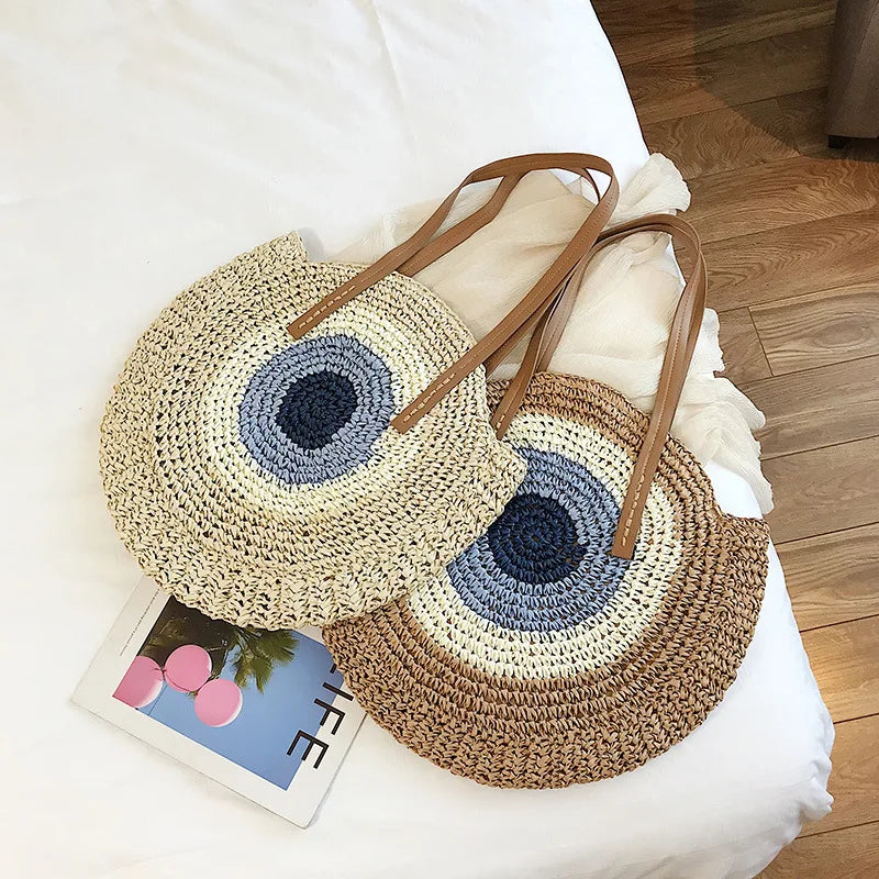 Large Capacity Round Straw Woven Shoulder Handmade Travel Tote Bags