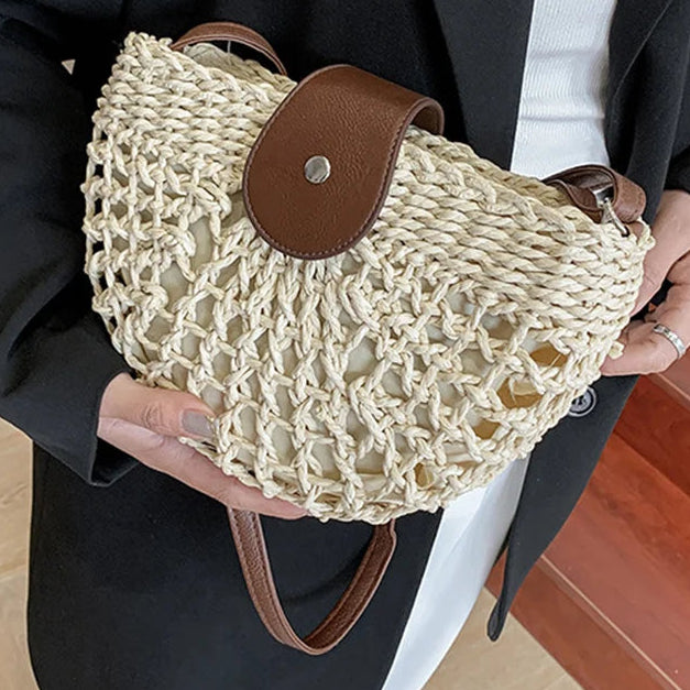 Straw Semicircle Cross Handmade Travel Bag