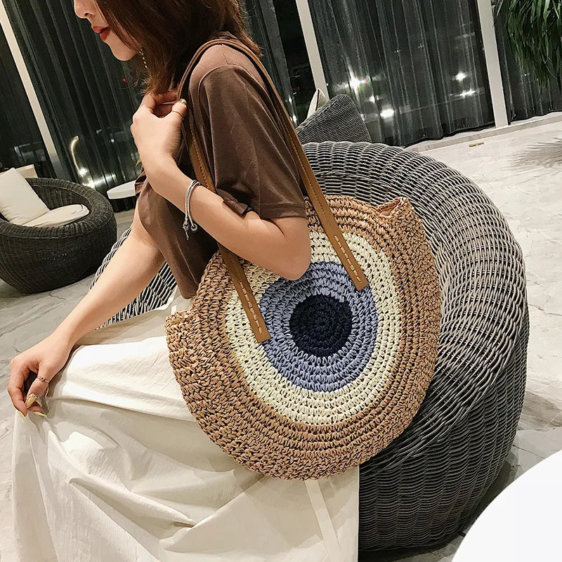 Large Capacity Round Straw Woven Shoulder Handmade Travel Tote Bags