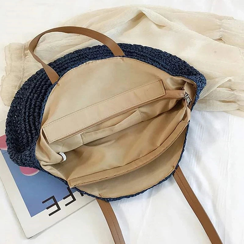 Large Capacity Round Straw Woven Shoulder Handmade Travel Tote Bags