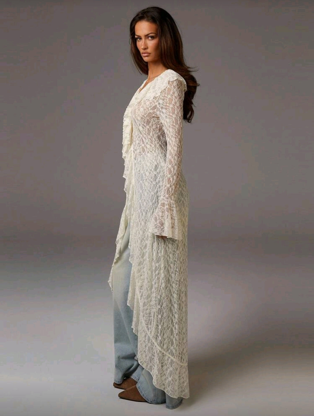 Elegant Solid Color Lace Ruffle Flare Sleeve Dress Cardigan