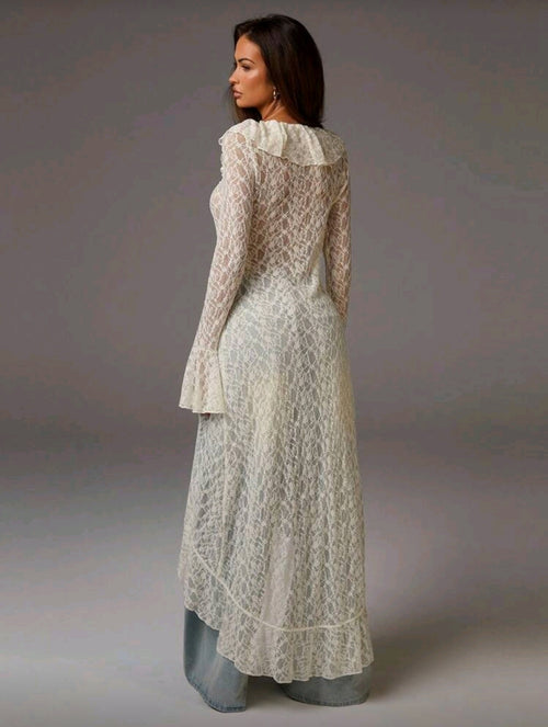 Elegant Solid Color Lace Ruffle Flare Sleeve Dress Cardigan