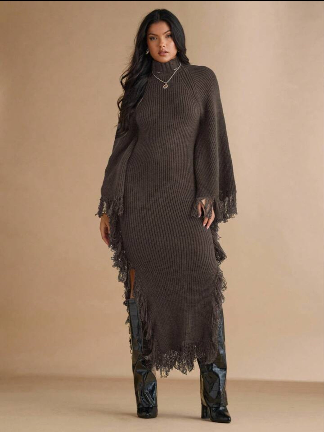 Stand Collar Fringe Decor Side Slit Dress