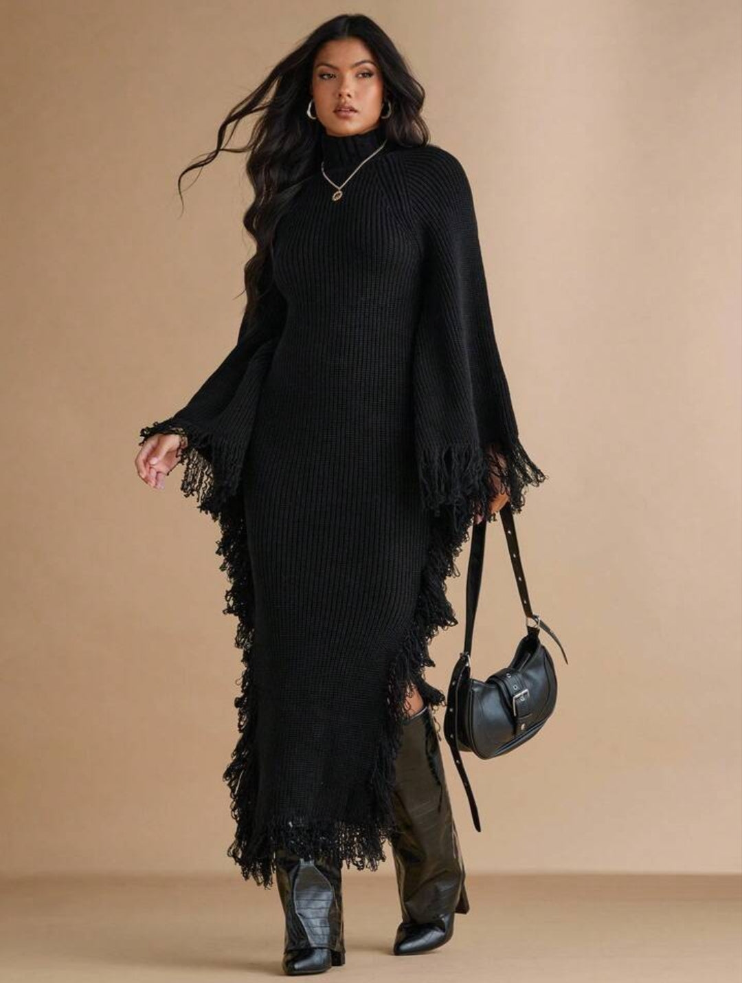 Stand Collar Fringe Decor Side Slit Dress