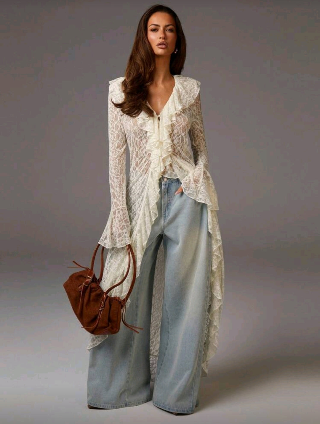 Elegant Solid Color Lace Ruffle Flare Sleeve Dress Cardigan