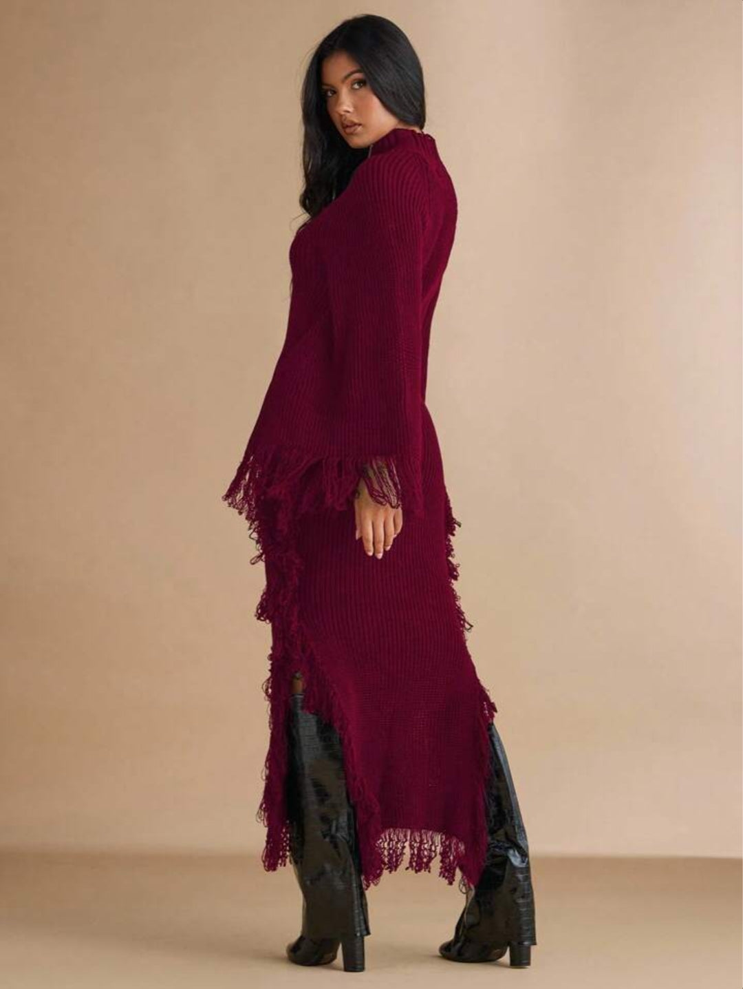 Stand Collar Fringe Decor Side Slit Dress