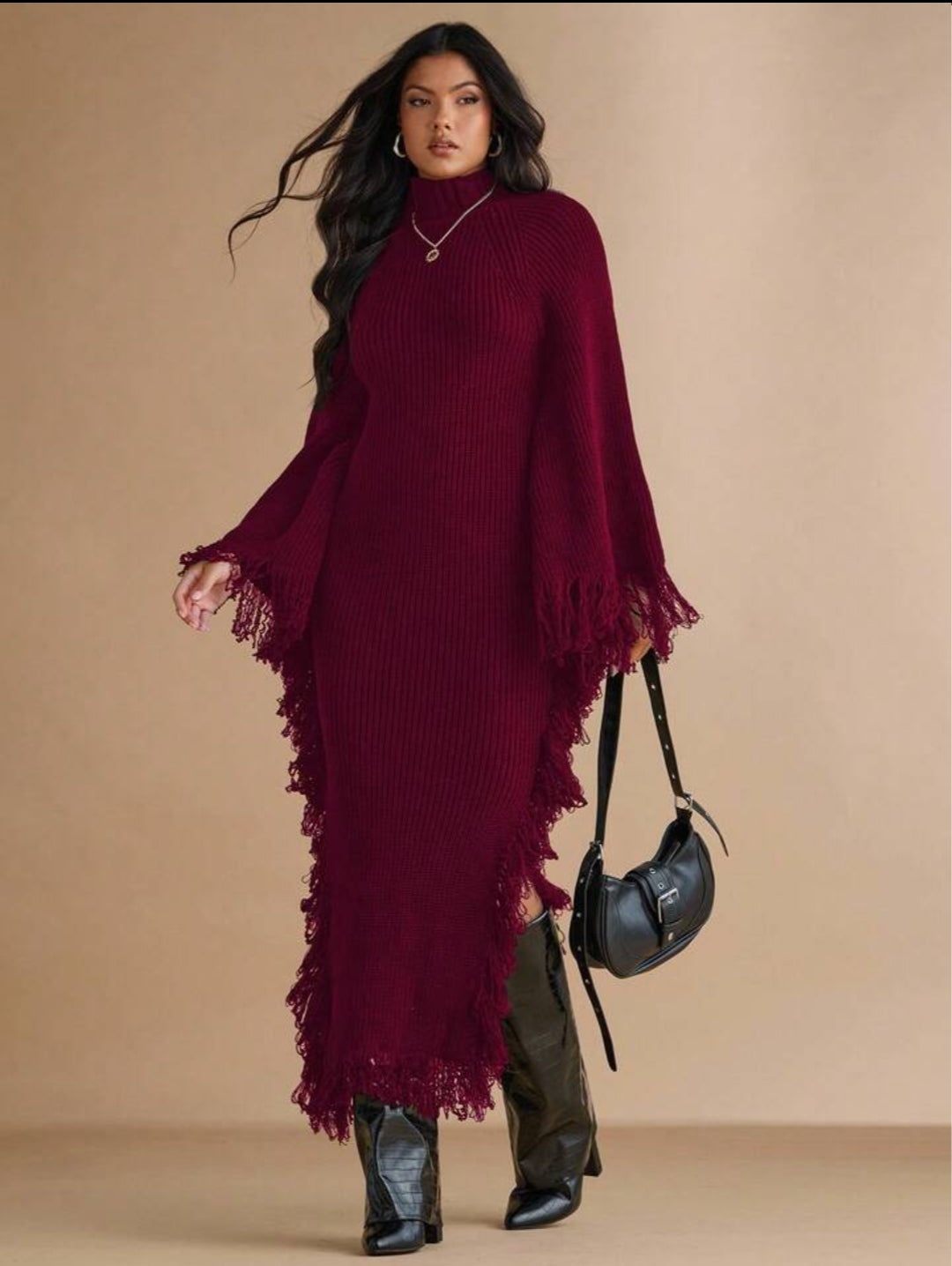 Stand Collar Fringe Decor Side Slit Dress