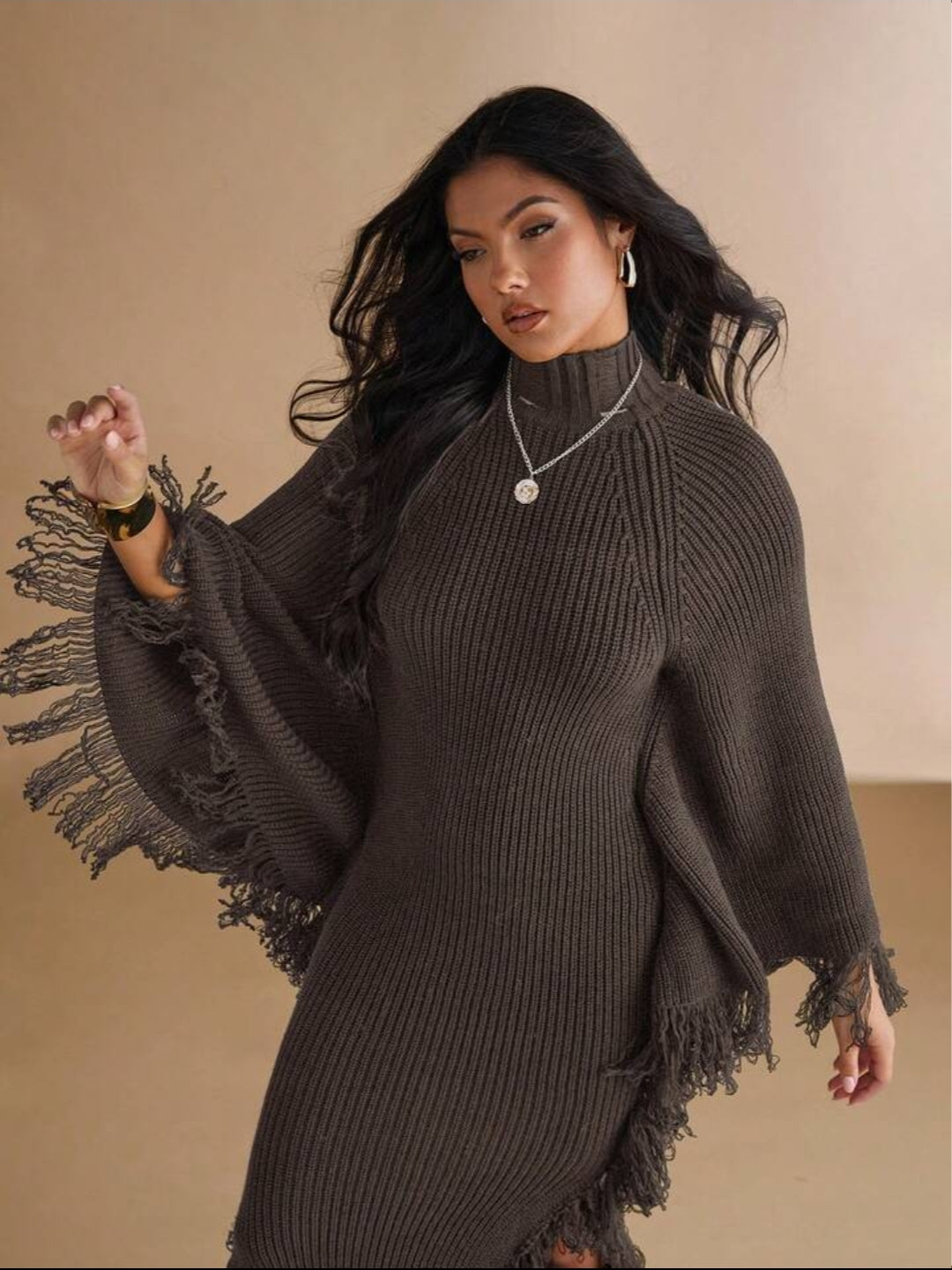 Stand Collar Fringe Decor Side Slit Dress