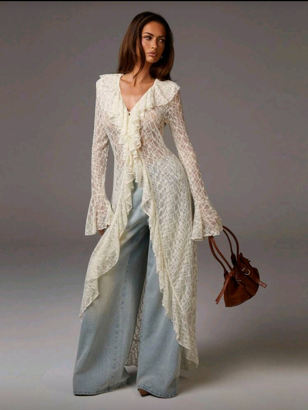 Elegant Solid Color Lace Ruffle Flare Sleeve Dress Cardigan