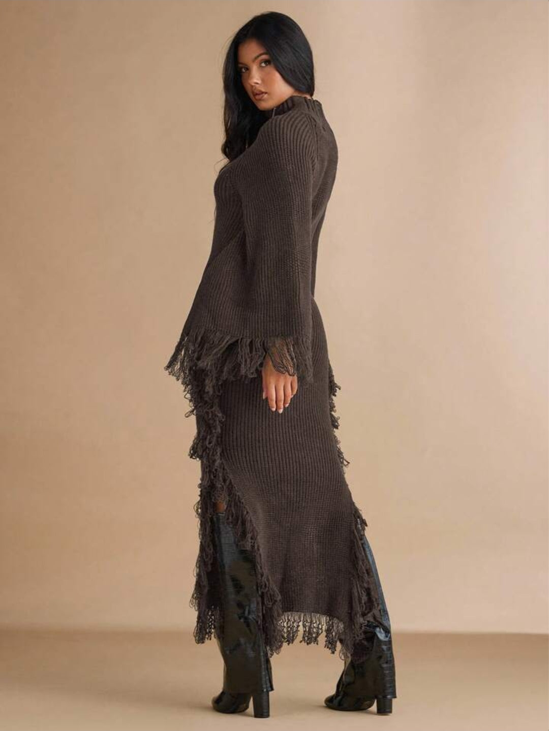 Stand Collar Fringe Decor Side Slit Dress